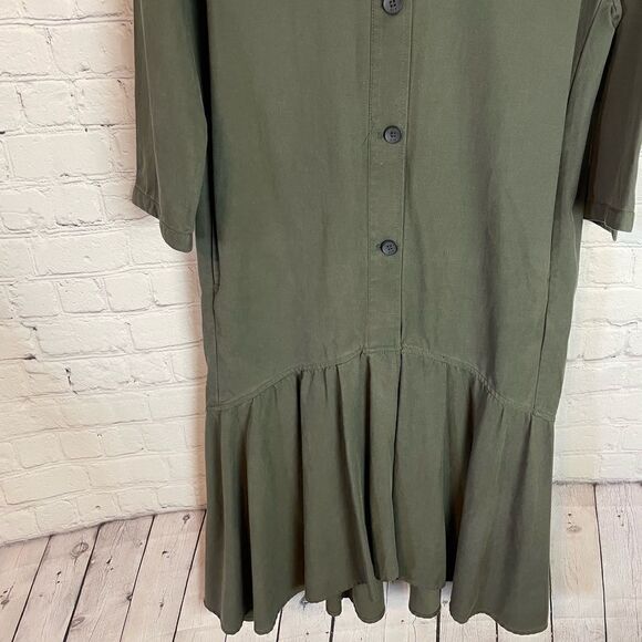 ZARA Trafaluc TRF Olive Khaki Oversized Shirt Dress w/ Frill Ruffle M - Picture 4 of 13